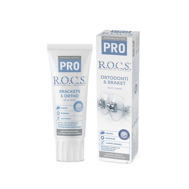 R.O.C.S. - Vegane Zahncreme - Zahnpasta PRO Zahnspange & Ortho 74 gr.- Fluoridfrei - Sichere Formel - Besondere Pflege für diejenigen, die Brackets tragen