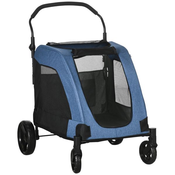 Pet Stroller with Storage Basket Ventilated Foldable Oxford Fabric, Blue