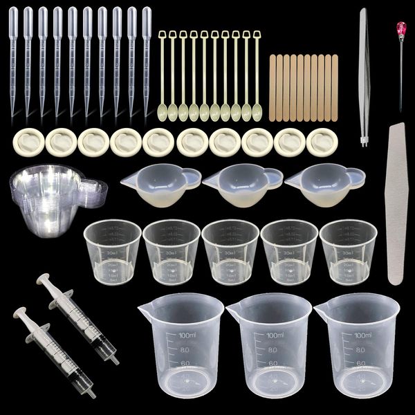 Woohome 66 PCS Epoxy Resin Tools Kit, Silicone Mold Tool Included Measuring Cup, Silicone Mixing Cups, Tweezers with Mixing Sticks, Dropping Pipette, Finger Cots, Sanding Strip for Jewelry DIY