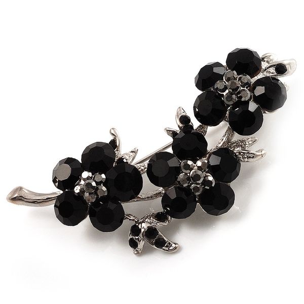 Diamante Floral Brooch (Silver&Jet Black)