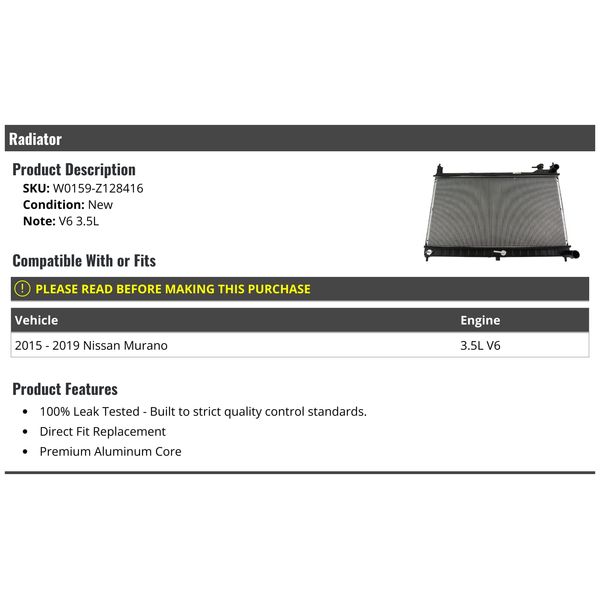 Radiator - Compatible with 2015-2019 Nissan Murano 3.5L V6