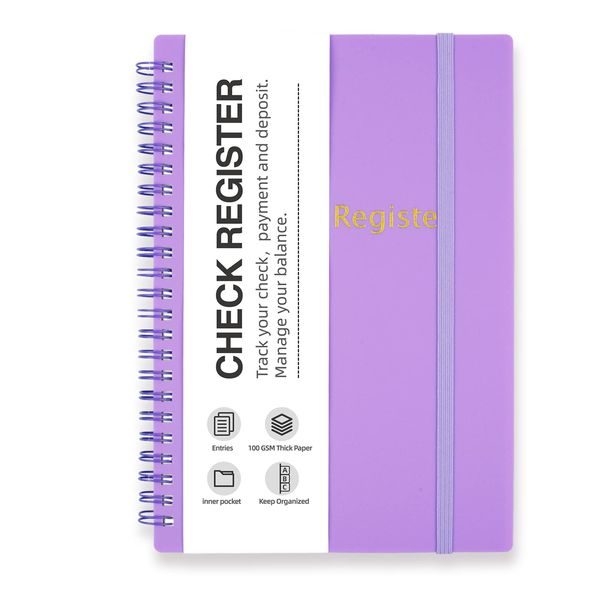 Check Registers for Personal Checkbook, Double Spiral Check Register Book, Budget Planner with Check Register for Personal and Work, 5.8'' x 8.3'' - Purple