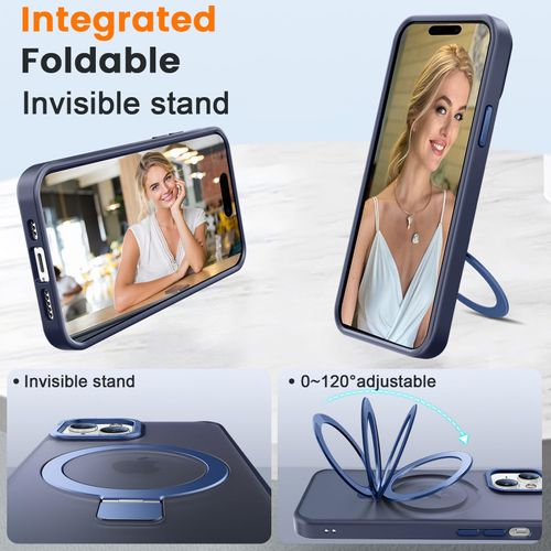PuyaTeya Compatible with iPhone 15 Case with Magnetic Ring Stand, Military Drop Protection, Anti-Scratch/Anti-Fingerprint Translucent Matte Phone Case for iPhone 15 (Dark Blue)