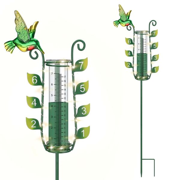 SYSUVANA Rain Gauge Outdoor, 32" Hummingbird Rain Gauge with Large Numbers, Solar Rain Gauges with LED Light for Yard Garden Patio Lawn Decoration