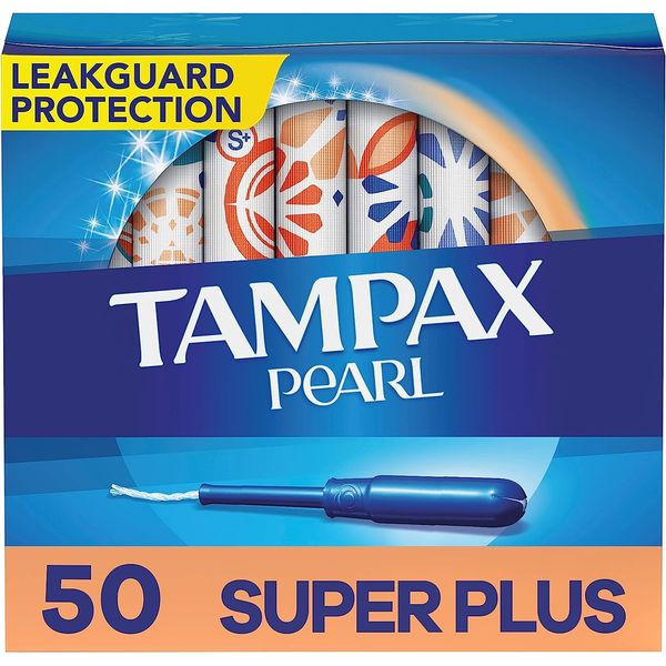 Tampax Pearl Tampons Super Plus Absorbency, with Leakguard Braid, Unscented, 50 Count
