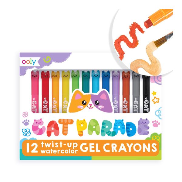 Ooly Cat Parade Gel Crayons for Kids and Adults - Set of 12 Rainbow Color Crayons for Glass and Paper Surfaces with Cat-Shaped, Twist-Up Caps - Easy To Clean, Smooth Gliding Gel Crayon Set