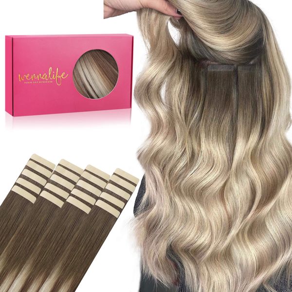 WENNALIFE Tape Extensions Echthaar, 20pcs 50g 60cm 24 Zoll Sandbraun bis Platinblond Remy Invisible Tape Extensions Seidig Gerade Echthaar Extensions Skin Weft Tape Ins