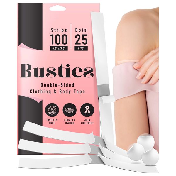 Busties Fabric Tape for Clothes (100 Strips & 25 Dots), Hem Tape, Body Tape Skin, Bra Tape, Double Sided Tape Clothes to Skin, Clothing Tape, Skin Tape, Dress Tape Fabric to Skin, Shape Tape