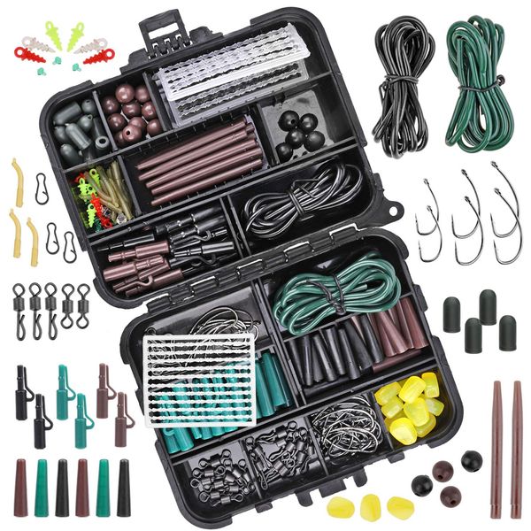 282Pcs Carp Fishing Tackle in Box, Fishing Accessories Kit Include Fishing Hook, Safety Clips Hook, Corn Kernel, Tubing, Rolling Swivel, Fishing Bait Screw, Fishing Bead, Boilie Stops with Tackle Box