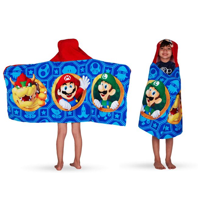 Franco HH4668 Kids Bath and Beach Soft Cotton Terry Hooded Towel Wrap, 24" x 50", Super Mario