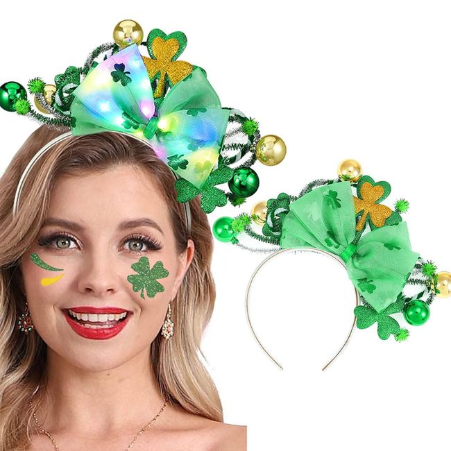 Kisshine Light Up Headband LED St Patrick's Day Headbands Green Bowknot Hair Band Shamrock Festival Rave Costume Hair Accessories for Women and Girls