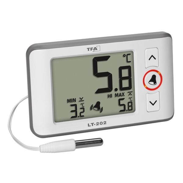 TFA Dostmann Termometro digitale professionale con sensore a cavo LT202, 30.1052, visualizzazione permanente dei valori massimi minimi, allarme temperatura, per acquari/frigoriferi, bianco