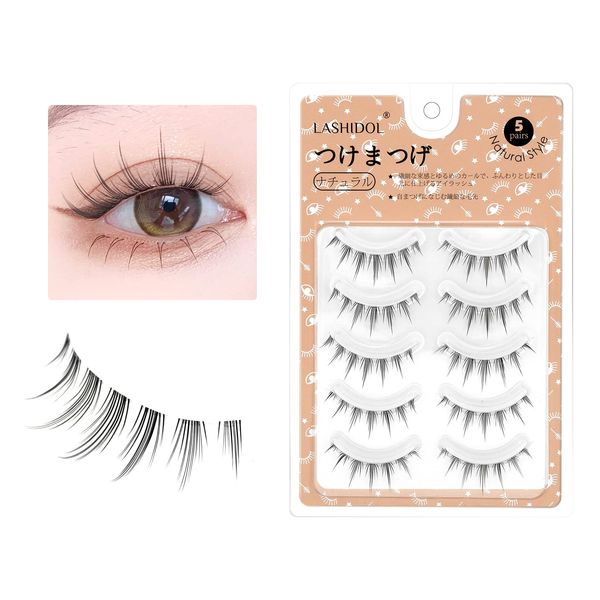 Lashidol False Eyelashes, Natural, Transparent Base, Handmade, Reusable, DIY at Home, For Daily Makeup, 5 Pairs, (Gorgeous Idol)