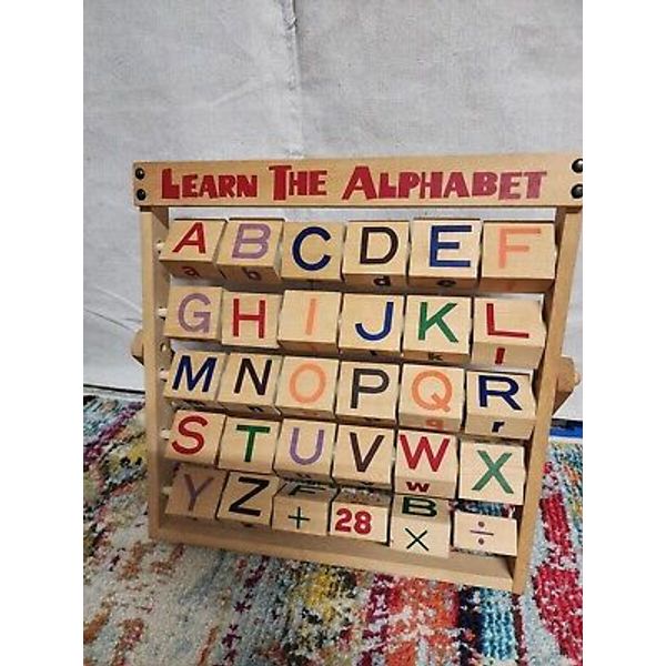 Vintage "Learn The Alphabet" Flip Wooden Blocks Folding Stand W/Numbers & Pics