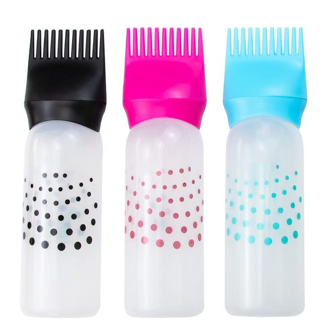 Framendino, 3 Pack Root Comb Applicator Bottle with Graduated Scale Colorful Plastic Squeeze Bottle Applicator Brush for Hair Dye Home Salon 6 oz