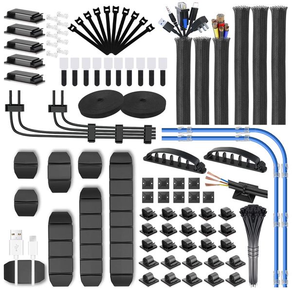 188 PCS Cable Tidy with 6 Cable Sleeves,50 Cable Clips,2 Self Adhesive Rolls, 20 Fastening Tapes,10 Zip Ties Mounts and 100 Cable Ties,Cable Management Kit & Cord Organizer for Desk,TV,Car and Office