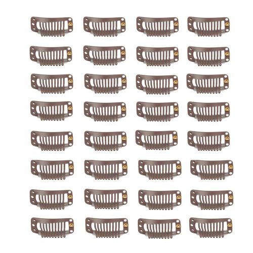 30pcs 9 Teeth Stainless Steel Snap Comb Wig Clips, Hair Extension Clips, Wig Accessories Clip with 30 Assorted Sewing Needles and 2 Rolls Thread (Dark Brown)