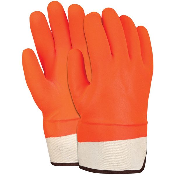 MCR Safety 6521SCO Double Dipped PVC Foam Lined Sandy Finish Men's Gloves with Rubberized Safety Cuff, Orange, Large, 1-Pair