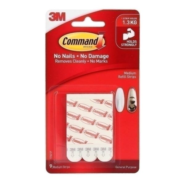 Command Medium Refill Adhesive Strips, Damage Free Hanging Wall Adhesive Strips for Medium Indoor Wall Hooks, No Tools Removable Adhesive Strips for Living Spaces, 9 White Command Strips