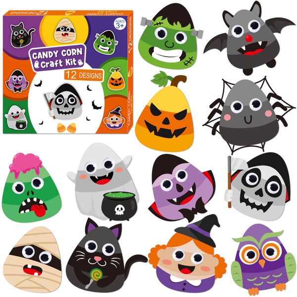 WATINC Halloween Candy Corn Art Craft - Halloween Pumpkin Witches Zombie DIY Craft Kit, Bats Spiders Themed Candycorn Arts Supplies Preschool Classroom Activity Party Favors for Kids Toddlers (24pcs)