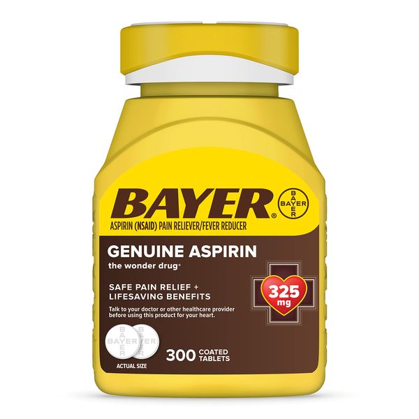 Bayer Genuine Aspirin 325 mg, Pain Reliever and Fever Reducer, Powerful Pain Relief of Headache, Muscle Pain, Minor Arthritis Pain, Back Ache, Toothache, and Menstrual Pain, 300 Coated Tablets