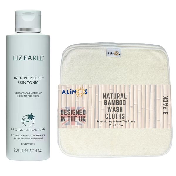 Liz Earle Instant Boost Skin Tonic, 200ml Bundled with Alimos Reusable Makeup Remover Wipes 3 Pack 25x25cm (25x25 cm)