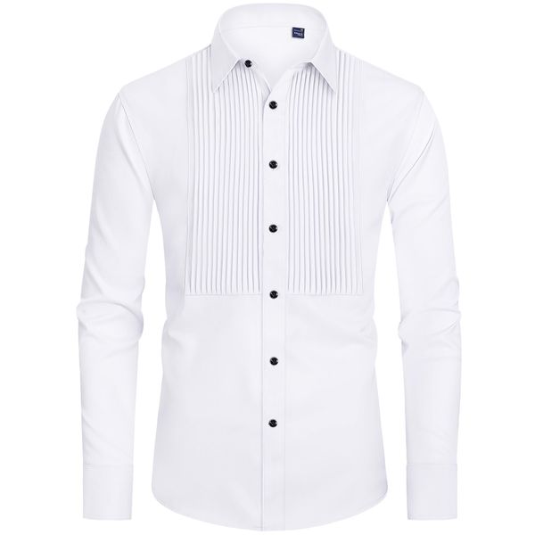 J.VER Men's Tuxedo Dress Shirts Solid Soft Long Sleeve Formal Shirt Business Button Down Shirts White+Black Button Medium