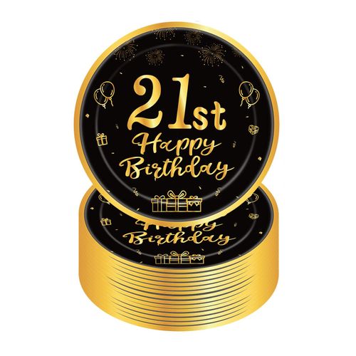 Happy 21st Birthday Paper Plates 7”Black and Gold,16Pcs Disposable Tableware Party Plates,Happy 21st Birthday Decorations Plates for Boys,Girls,Kids,Him,Her 21st Birthday Party Supplies Table Decor