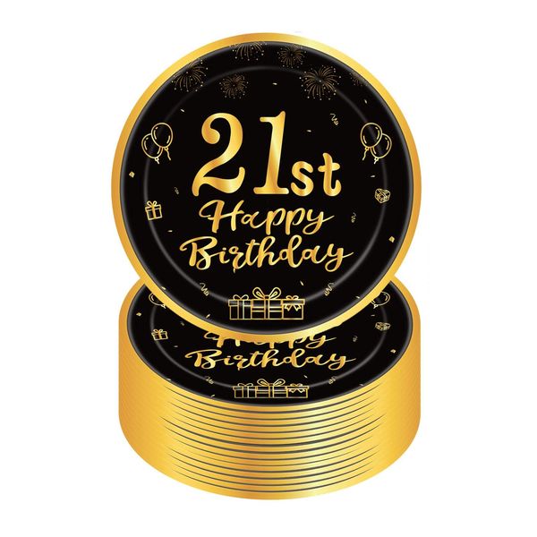 Happy 21st Birthday Paper Plates 7”Black and Gold,16Pcs Disposable Tableware Party Plates,Happy 21st Birthday Decorations Plates for Boys,Girls,Kids,Him,Her 21st Birthday Party Supplies Table Decor