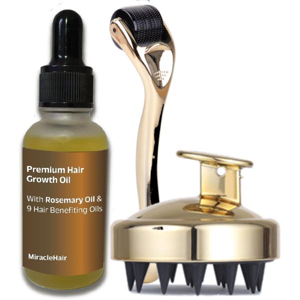 Premium Hair Growth Oil + Scalp Derma Roller & Massager - with Rosemary Oil, Castor, Peppermint, Ginger Root, Tea Tree & Lavander Oil - Hair Growth & Thickening & Loss Prevention - UK Based Brand