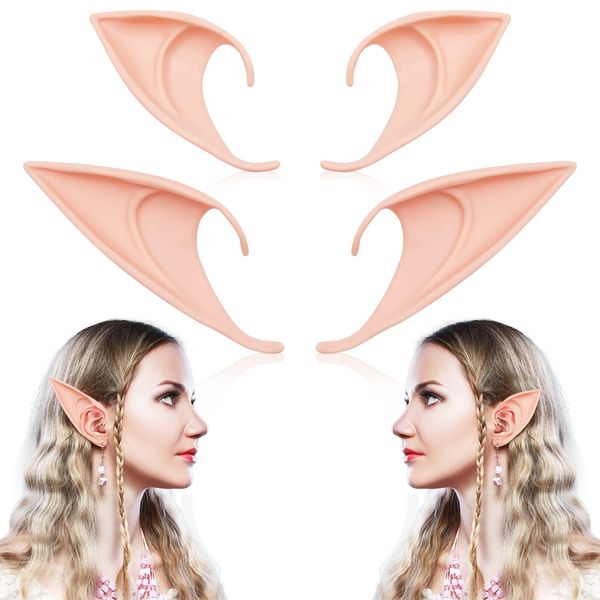 2 Styles 2 Pairs Elf Ears Cosplay Fairy Pixie Ears Soft Pointed Elven Ear Anime Party Dress Up Costume Halloween Accessories (Natural)