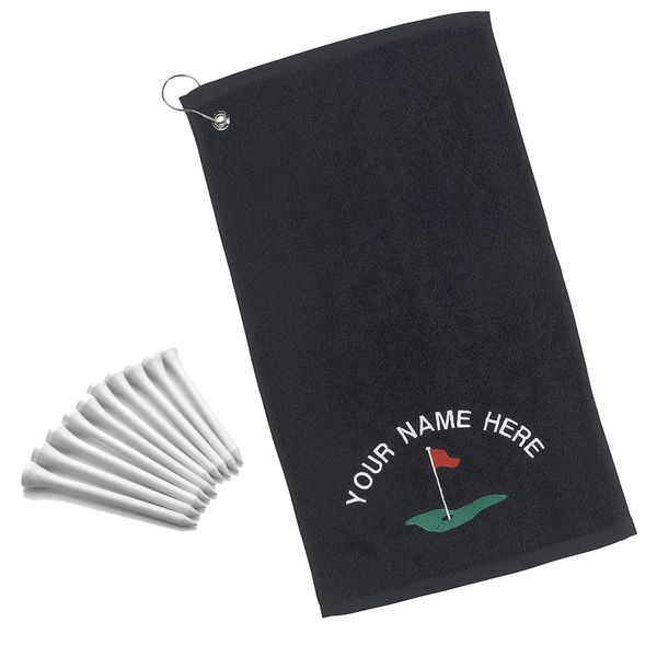 Personalised Golf Towel Plus 10 Tees - Tri Fold Microfibre Golf Towels for Golf Bags with Metal Carabiner Clip - Embroidered Golfers Gift for Dad Husband Him Her - Black