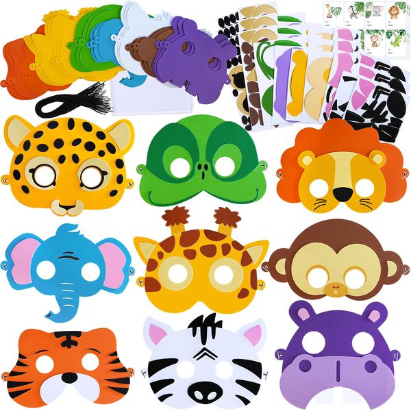 Winlyn 27 Sets Jungle Animal Masks Craft Kits Safari Animal Face Masks DIY Foam Zoo Animal Party Mask Art Sets Animal Face Stickers for Kids Jungle Safari Birthday Activities Party Favors Decorations