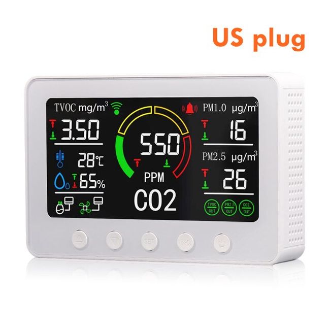 Fine dust meter Carbon dioxide formaldehyde indoor air measurement Wi-Fi smart air quality monitor Digital temperature humidity sensor detector Tuya Life app control NDIR CO2 meter 6 in 1, [02] US Plug, 02 US Plug