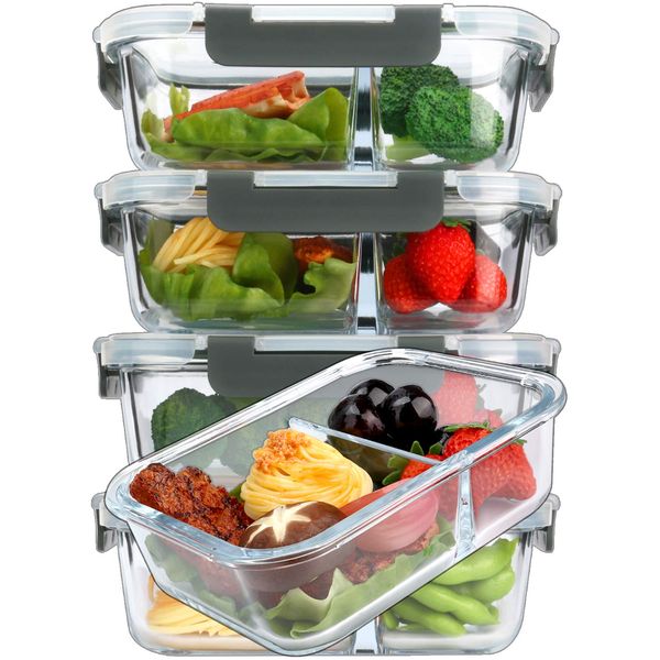 M MCIRCO [5-Pack,36 Oz] Glass Meal Prep Containers 2 Compartments Portion Control with Upgraded Snap Locking Lids Glass Food Storage Containers, Microwave, Oven, Freezer and Dishwasher (4.5 Cups)