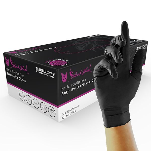 Unigloves Select Black Nitrile GT0031 Single Use Examination - Multipurpose, Powder Free Disposable Gloves, Optimised for Tattoo/Piercing and Beauty, Box of 100 Gloves, Black, Extra Small