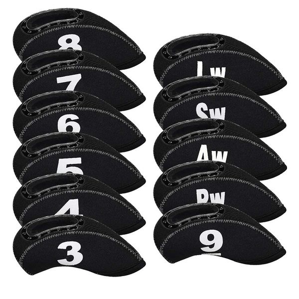 BIG TEETH Golf Iron Head Covers 11Pcs (3-9.Pw.Aw.Sw.Lw) Neoprene with Number Multi Colors Transparent Iron Number Flexible Fit for Titleist, Taylormade, Cobra (Black)