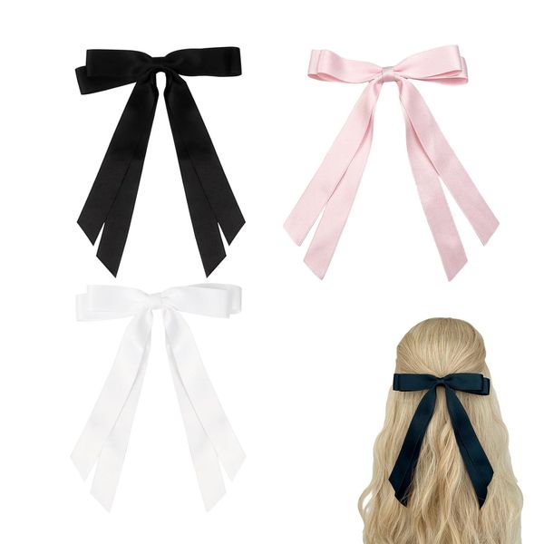 3pcs Hair Bow Hair Clips for Women Hair Bows Barrettes Clips with Long Tail Hair Ribbon Hair Accessories Hair Bows for Women Barrette With Long Silky Satin.