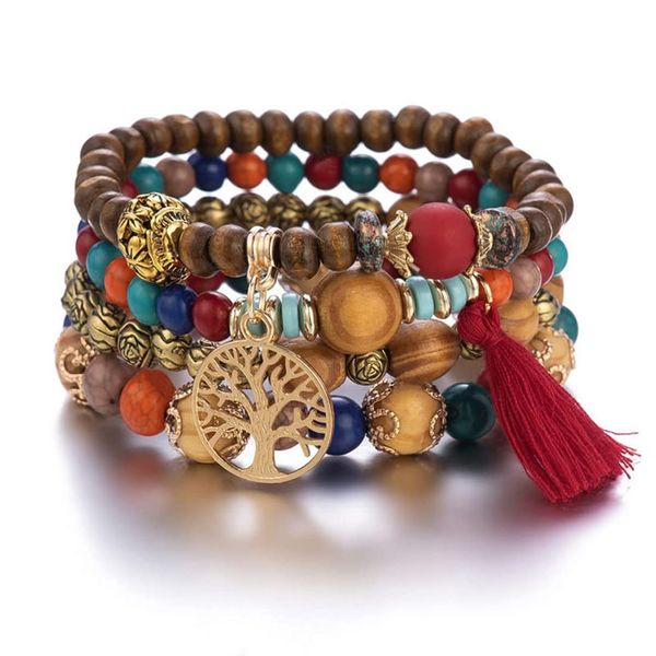 GAUEIOUR Boho Beaded Bracelet,Multi-Layer Wooden Beaded Bracelet, Tassel Bracelet Tourism Souvenir Tree of Life Bracelet Lady, Elastic Bracelet Bracelet Set(Red Four-Piece Set)