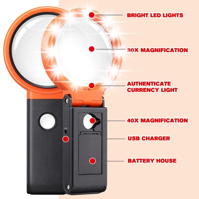 Magnifying Glass with 18 LED Lights, 30X Handheld Large Magnifying