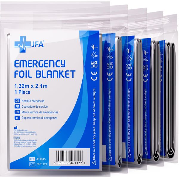 JFA Medical 5 x Individually Packaged Emergency Foil Survival Blankets - reflective to maintain body heat