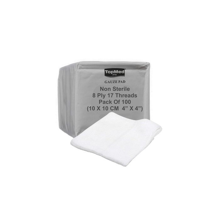 TOPMED ETS Cotton Gauze Swabs, Non-Sterile,White,8 Ply 17 Threads Pack of 100 (10 X 10 cm 4" X 4")