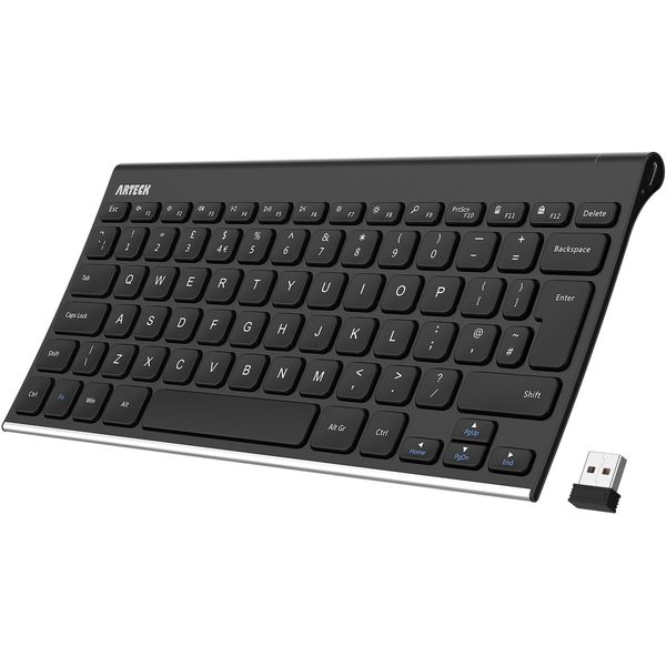 Arteck 2.4G Wireless Keyboard Stainless Steel Ultra Slim Full Size Keyboard for Computer/Desktop/PC/Laptop/Surface/Smart TV and Windows 10/8 / 7 Built in Rechargeable 6-Month Battery