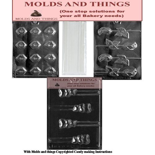 Valentine day Heart Chocolate candy mold TRIPLE HEART PRETZEL Chocolate candy mold, Bite size lip chocolate candy mold,Rose chocolate candy mold with Copyright molding Instructions + 50 sticks