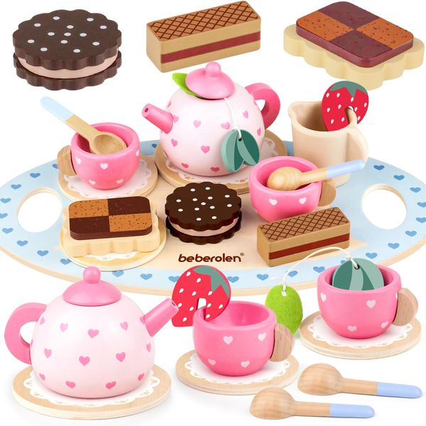 Beberolen Wooden Tea Set, Toddler Pretend Play Afternoon Tea Party Food Toys, Kids Kitchen Accessories with Biscuits and Teapot for 3 4 5 Years Old Girls Boys Childrens Birthday Gift