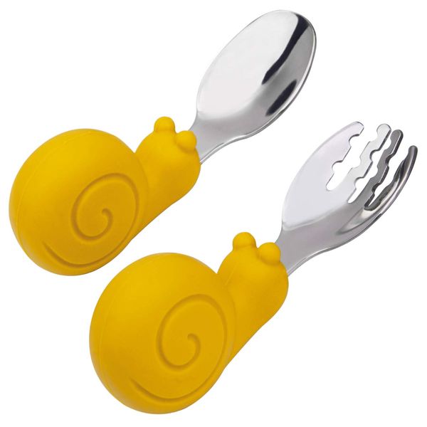 Baby Spoon Fork Set Infant Spoon Fork Easy Grip First Baby Food Tool for Baby Food Training Eat Yourself Kids Baby Spoon (Yellow-Snail)