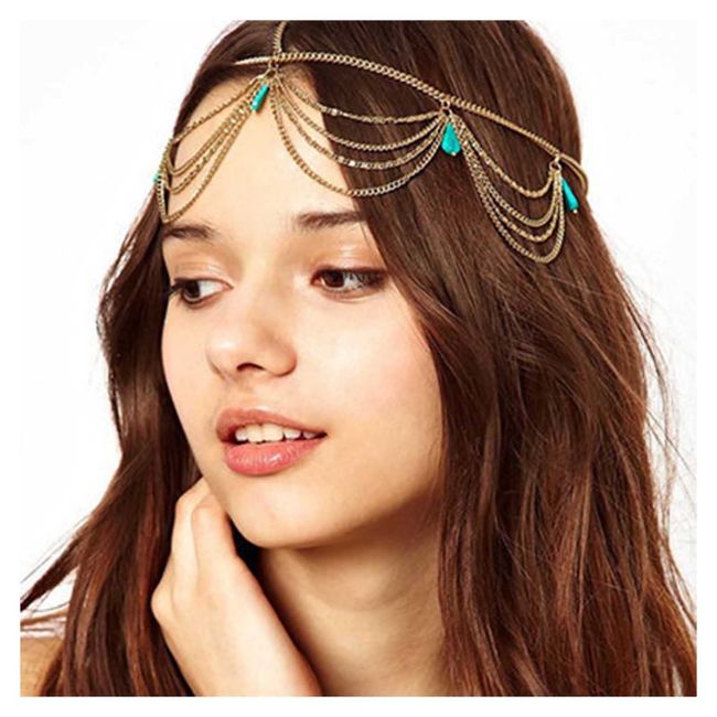 Andelaisi Boho Layered Turquoise Head Chain Gypsy Turquoise Hair Chain Headband Gold Turquoise Tassel Dangle Headchain Blue gemstone Headdress Festival Wedding Headpieces Accessory Jewelry for Women