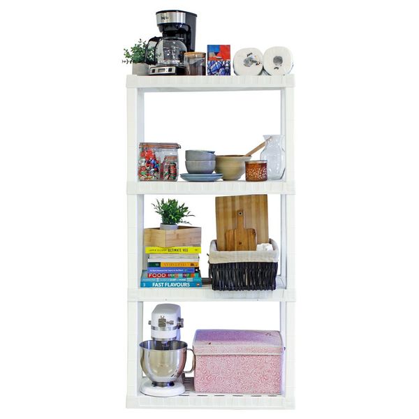 SHELF RACK 4-Shelves Freestanding Unit, Garages Closets Dorms Plastic