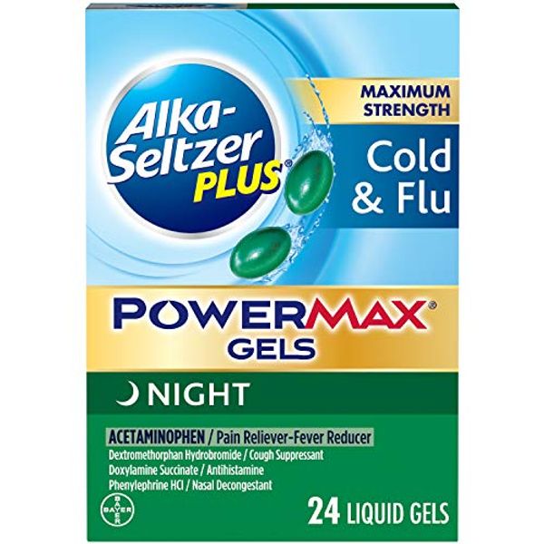 Alka-seltzer Plus Cold & Flu, Power Max Cold and Flu Medicine, Night, For Adults with Pain Reliever, Fever Reducer, Cough Suppresant, Nasal Decongestant, Antihistamine, 24 Count