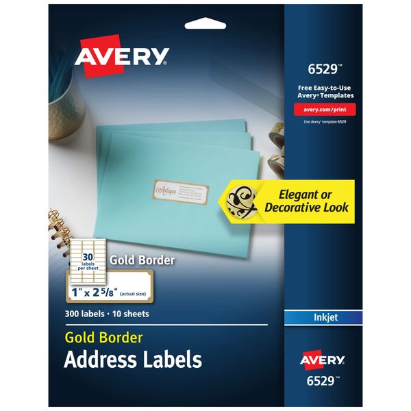 Avery Printable Address Labels, 1" x 2-5/8", Matte White with Gold Border, 300 Blank Mailing Labels (06529)